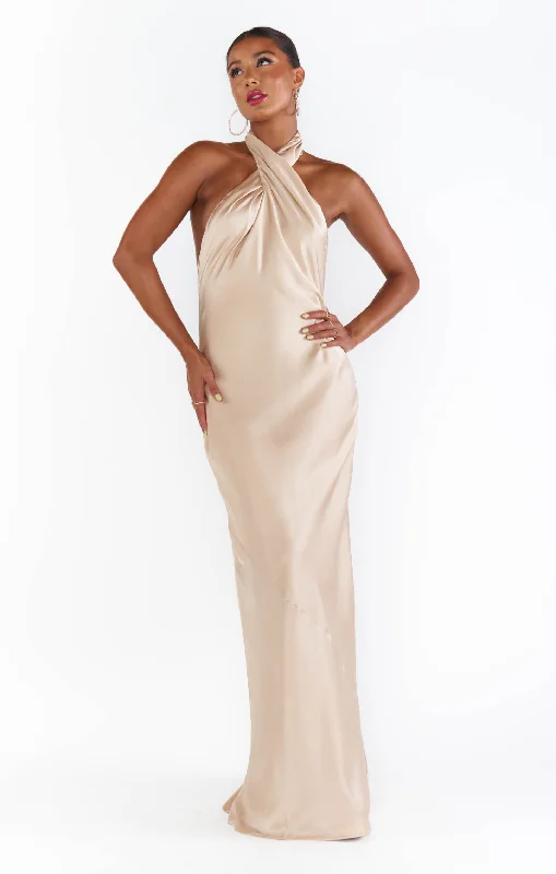 Jasmine Halter Maxi Dress ~ Champagne Luxe Satin Comfortable Ruffle Hem Maxi Dress