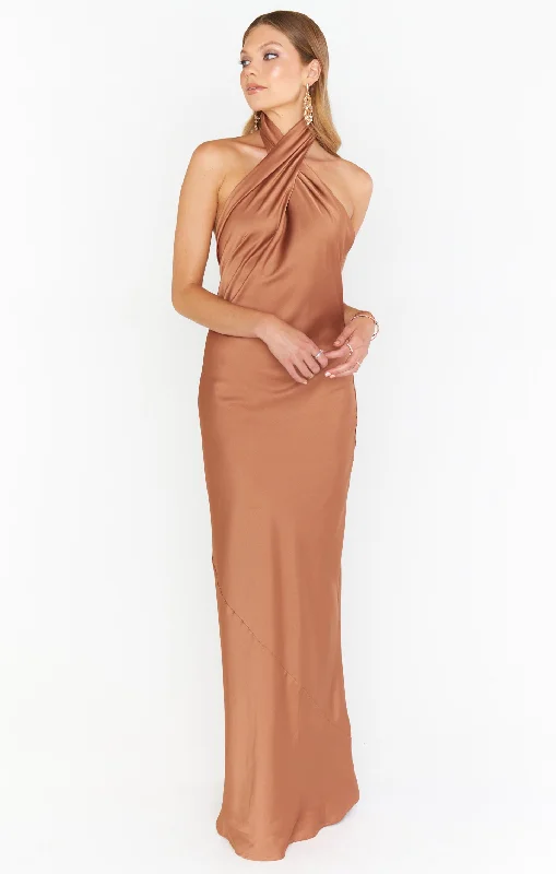 Jasmine Halter Maxi Dress ~ Copper Luxe Satin Elegant Maxi Dress with Slit