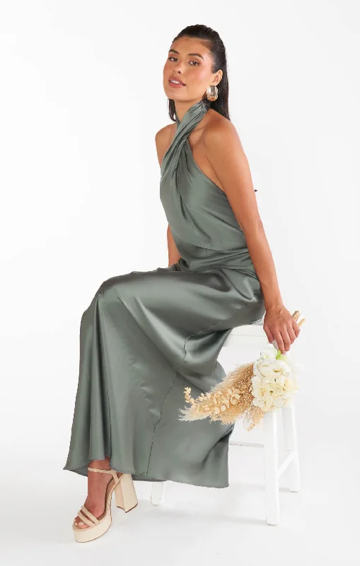 Jasmine Halter Maxi Dress ~ Deep Sage Luxe Satin Stylish Pleated A-Line Maxi Dress