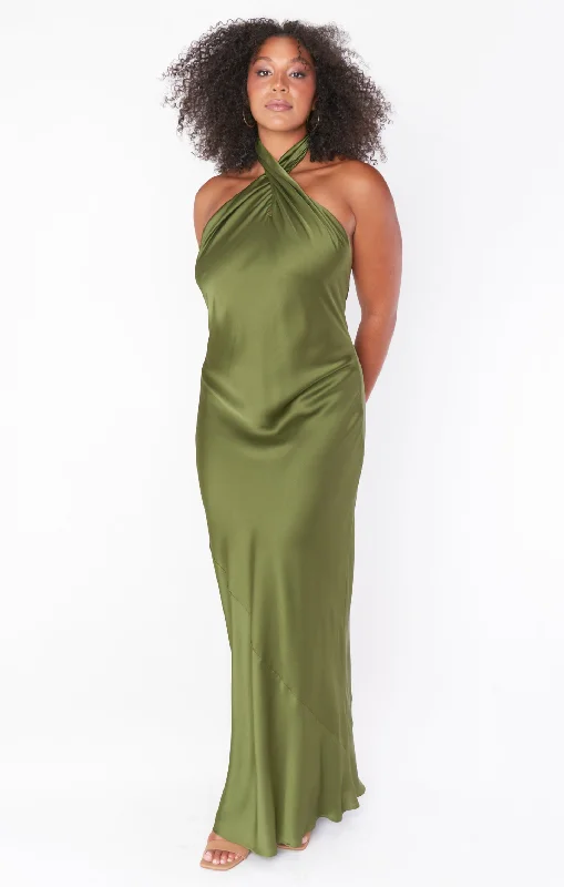 Jasmine Halter Maxi Dress ~ Rich Olive Luxe Satin Trendy A-Line Maxi Dress