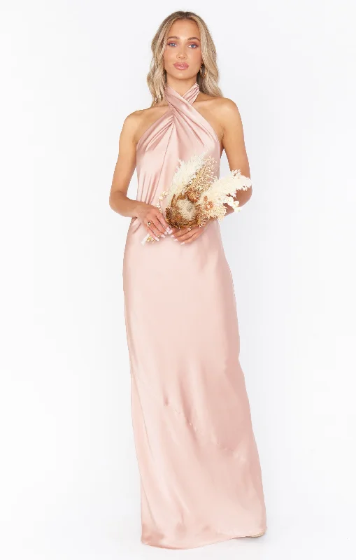 Jasmine Halter Maxi Dress ~ Rose Gold Luxe Satin Trendy Maxi Dress with Bow