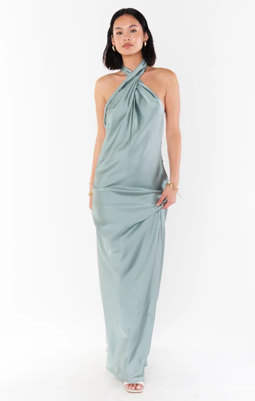 Jasmine Halter Maxi Dress ~ Silver Sage Luxe Satin Stylish Maxi Dress with Pleats