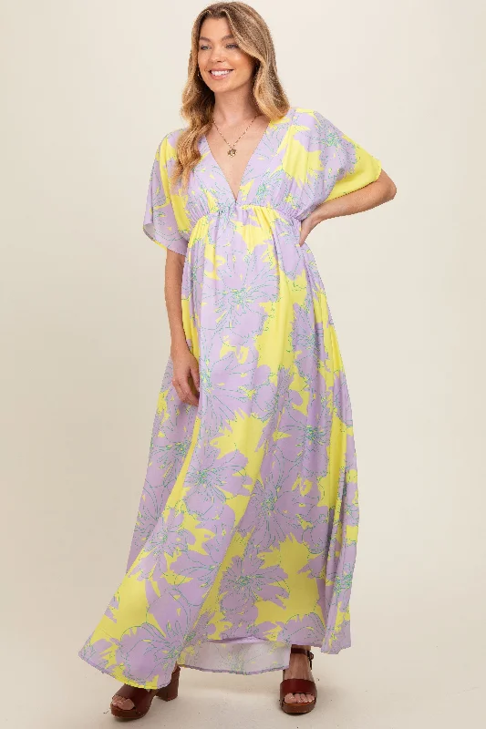 Lavender Floral Back Cutout Maternity Maxi Dress Classic V-Neck Maxi Dress