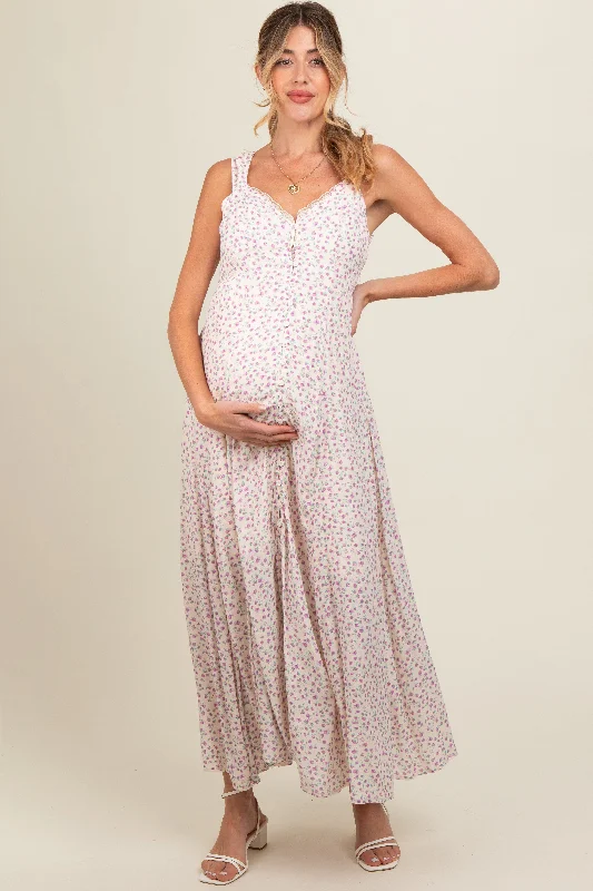 Lavender Floral Button Down Maternity Maxi Dress Trendy Floral Print Maxi Dress