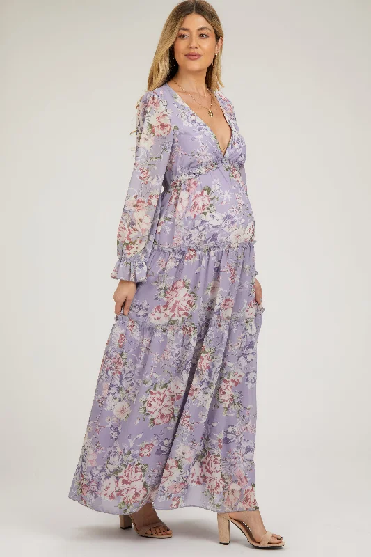 Lavender Floral Chiffon Deep V Ruffle Tiered Maternity Maxi Dress Elegant Boho Maxi Dress