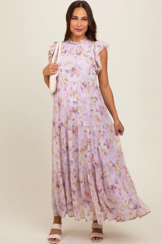 Lavender Floral Chiffon Ruffle Shoulder Tiered Maternity Maxi Dress Stylish Boho Chic Maxi Dress