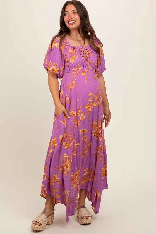 Lavender Floral Puff Sleeve Maternity Maxi Dress Elegant Pleated Maxi Dress