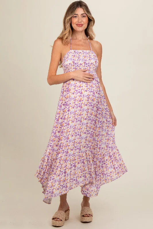 Lavender Floral Smocked Halter Flowy Maternity Maxi Dress Elegant Maxi Dress with Ruffles