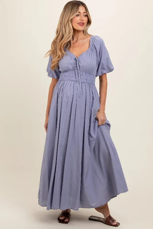 Lavender Smocked Puff Sleeve Maternity Maxi Dress Comfortable Ruffle Maxi Dress