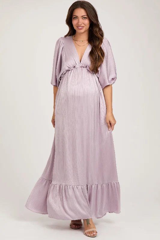 Lavender Striped Ruffle Accent Maternity Maxi Dress Comfortable Satin Maxi Dress