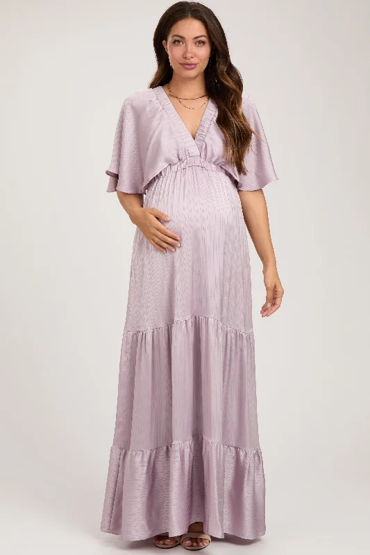 Lavender V-Neck Flutter Sleeve Tiered Maternity Maxi Dress Cozy Wrap Maxi Dress