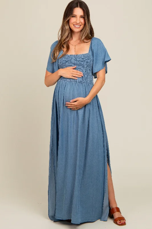 Light Blue Chambray Smocked Maternity Maxi Dress Fashionable High-Waist Maxi Dress