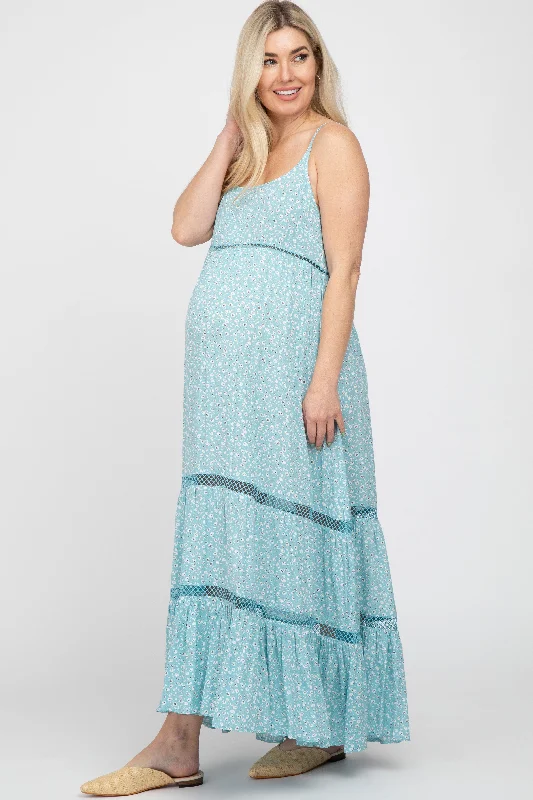Light Blue Ditsy Floral Crochet Accent Maternity Maxi Dress Comfortable Bohemian Maxi Dress Light Blue Ditsy Floral Crochet Accent Maternity Maxi Dress Comfortable Bohemian Maxi Dress
