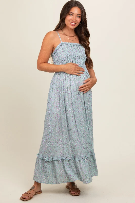 Light Blue Floral Ruffle Square Neck Smocked Waist Maternity Maxi Dress Comfortable Ruffle Maxi Dress