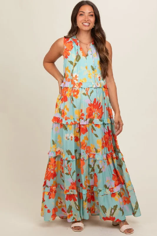 Light Blue Floral Sleeveless Ruffle Tiered Maternity Maxi Dress Elegant Lace Maxi Dress