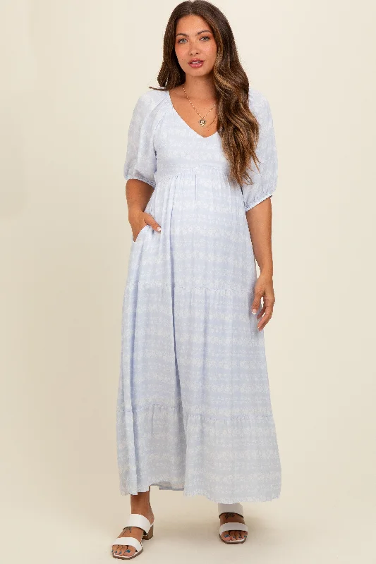 Light Blue Floral Tiered Maternity Maxi Dress Cozy Open-Back Maxi Dress