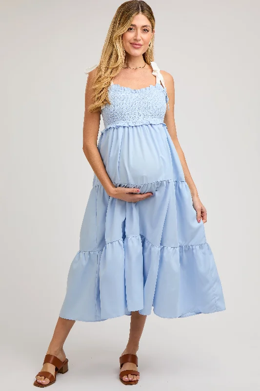 Light Blue Sleeveless Tiered Colorblock Strap Maternity Maxi Dress Trendy Maxi Dress with Lace