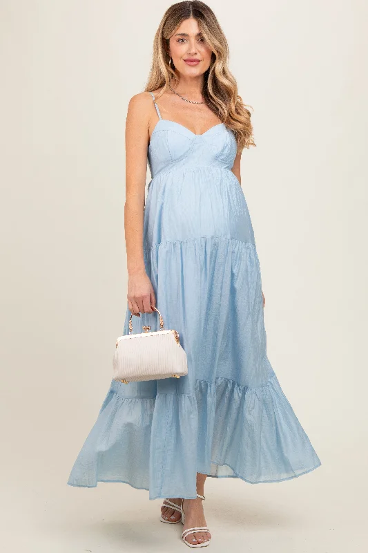 Light Blue Sleeveless Tiered Maternity Maxi Dress Trendy Floral Print Maxi Dress