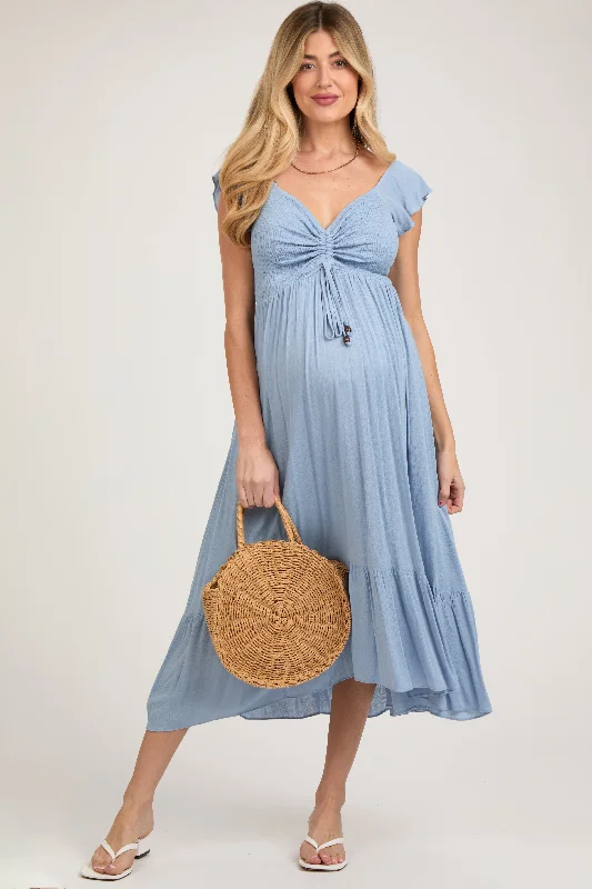 Light Blue Smocked Ruched Ruffle Hem Maternity Maxi Dress Fashionable High-Low Maxi Dress