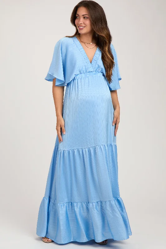 Light Blue V-Neck Flutter Sleeve Tiered Maternity Maxi Dress Comfortable Pleated Maxi Dress