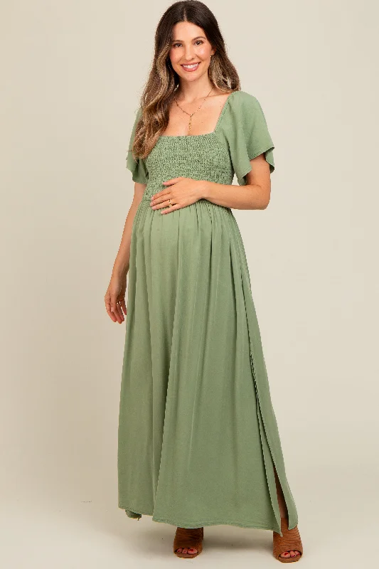 Light Olive Chambray Smocked Maternity Maxi Dress Casual Maxi Dress with Pockets