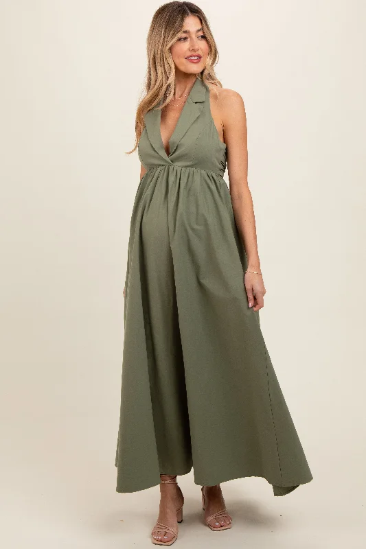 Light Olive Collared Halter Back Tie Maternity Maxi Dress Elegant Maxi Dress with Ruffles