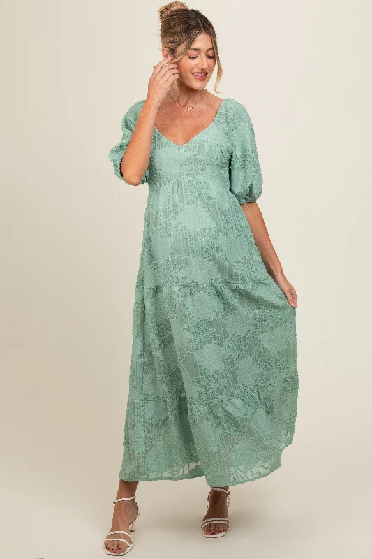 Light Olive Embroidered Leaf Print Striped Maternity Maxi Dress Comfortable Bohemian Maxi Dress