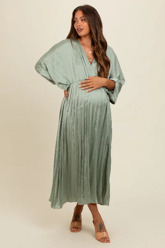 Light Olive Satin Pleated V-Neck Maternity Maxi Dress Chic Off-Shoulder Maxi Dress