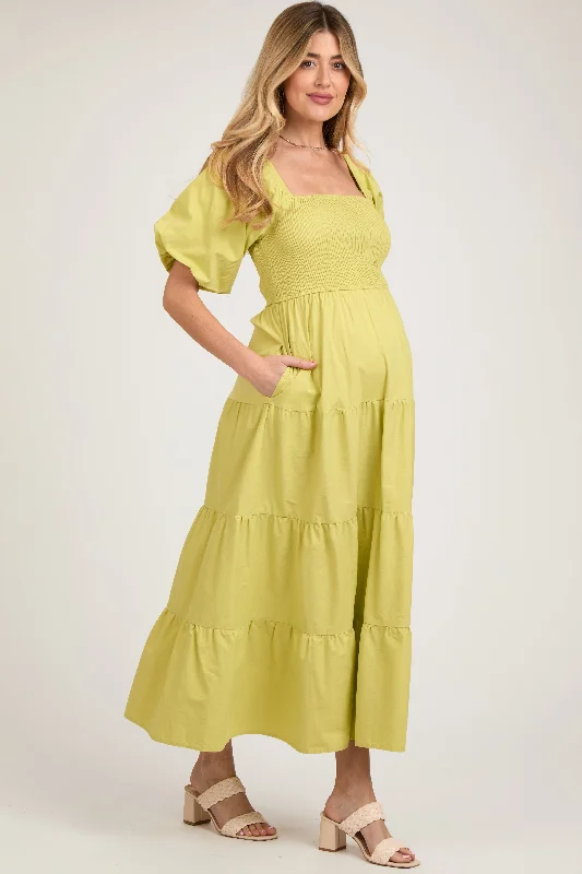 Light Olive Smocked Square Neck Puff Sleeve Tiered Maternity Maxi Dress Elegant Velvet Maxi Dress