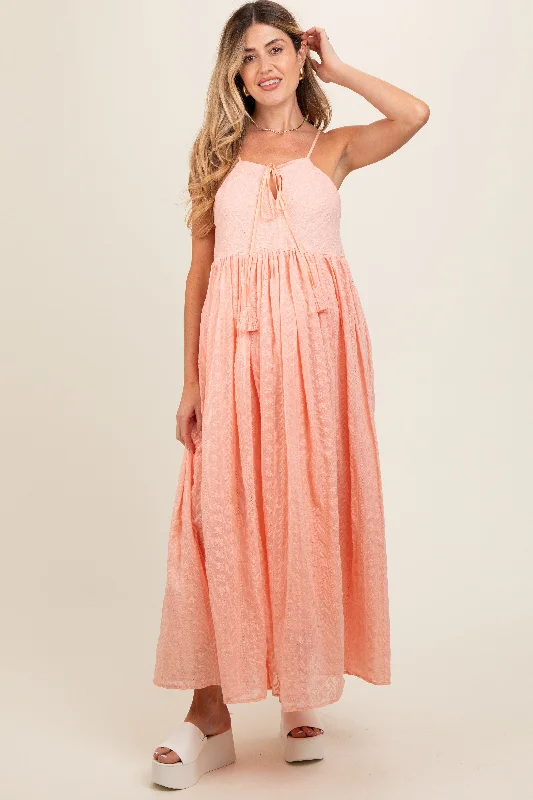 Light Pink Embroidered Tassel Tie Maternity Maxi Dress Fashionable Maxi Dress with Fringe