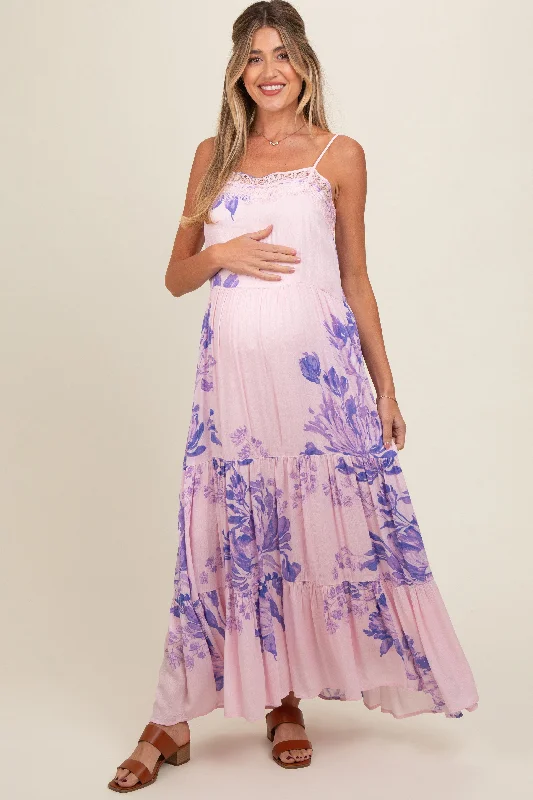 Light Pink Floral Lace Loose Fit Maternity Maxi Dress Stylish One-Shoulder Maxi Dress