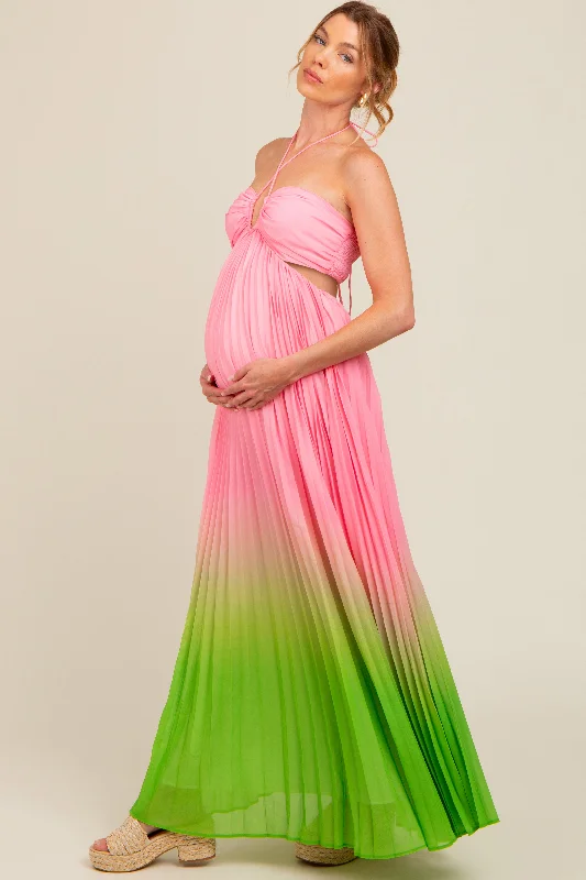 Light Pink Ombre Pleated Halter Cutout Maternity Maxi Dress Elegant Boho Maxi Dress