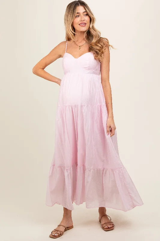 Light Pink Sleeveless Tiered Maternity Maxi Dress Comfortable Maxi Dress with Slits