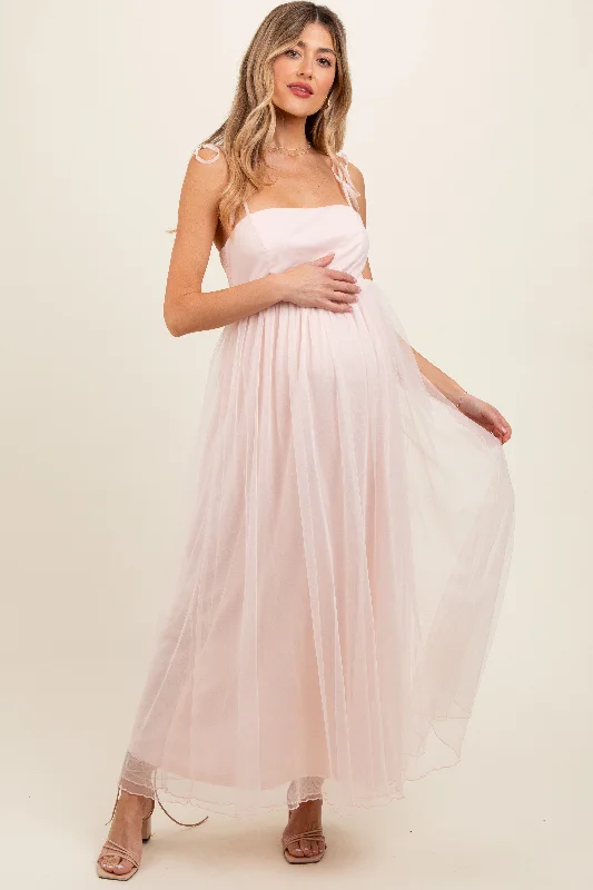 Light Pink Square Neck Shoulder Tie Tulle Maternity Maxi Dress Cozy Open-Back Maxi Dress