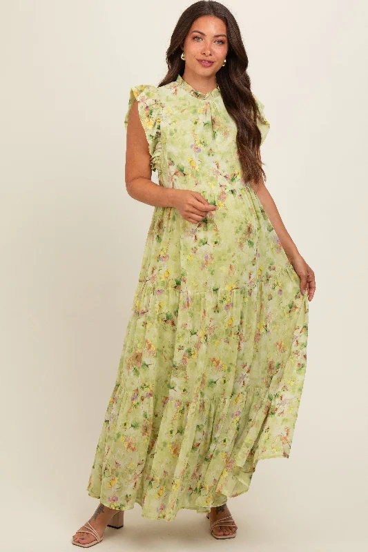 Lime Floral Chiffon Ruffle Shoulder Tiered Maternity Maxi Dress Casual Maxi Dress with Pockets