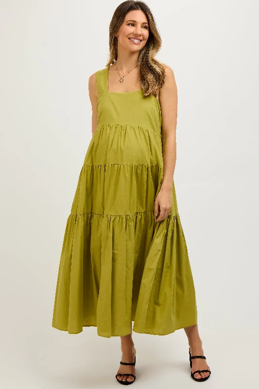 Lime Tiered Maternity Maxi Dress Fashionable Off-Shoulder Maxi Dress