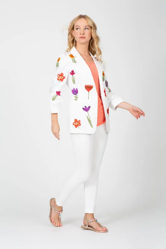 Bright Blooms White Jacket Denim Fabric Leather Fabric Suede Fabric