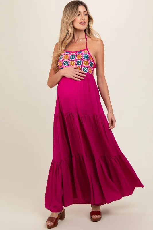 Magenta Crochet Cutout Halter Maternity Maxi Dress Comfortable Casual Maxi Dress