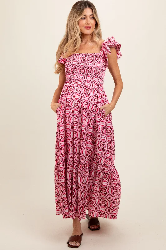 Magenta Floral Smocked Flutter Cap Sleeve Maternity Maxi Dress Fashionable Printed Maxi Dress