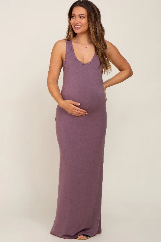 Mauve Basic Sleeveless Maternity Maxi Dress Fashionable High-Low Maxi Dress