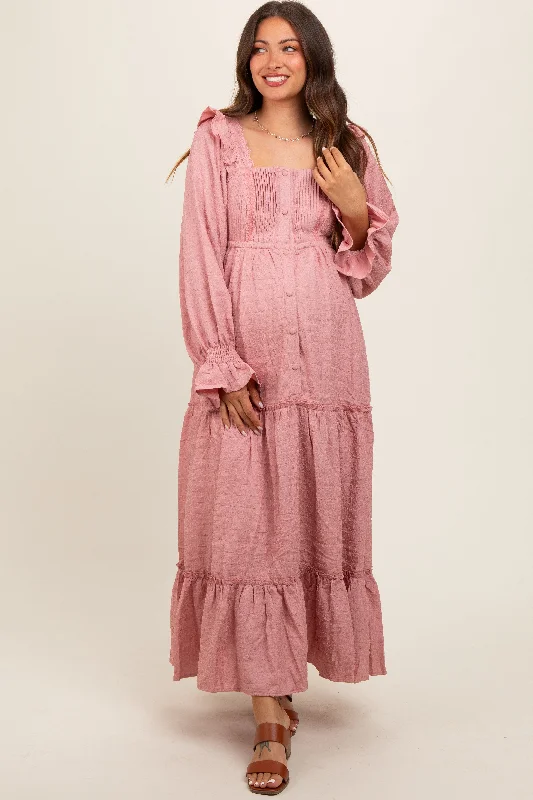 Mauve Button Pleated Front Square Neck Ruffle Tiered Maternity Maxi Dress Stylish One-Shoulder Maxi Dress