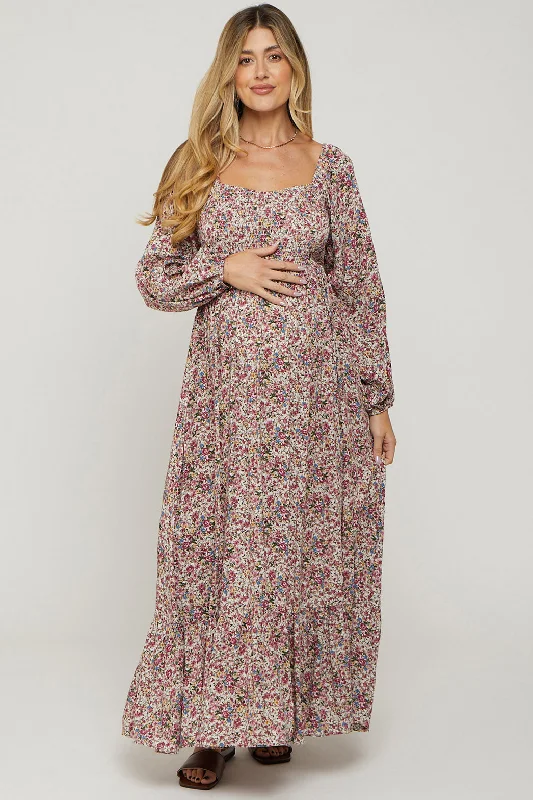 Mauve Floral Long Sleeve Maternity Maxi Dress Trendy Button Front Maxi Dress