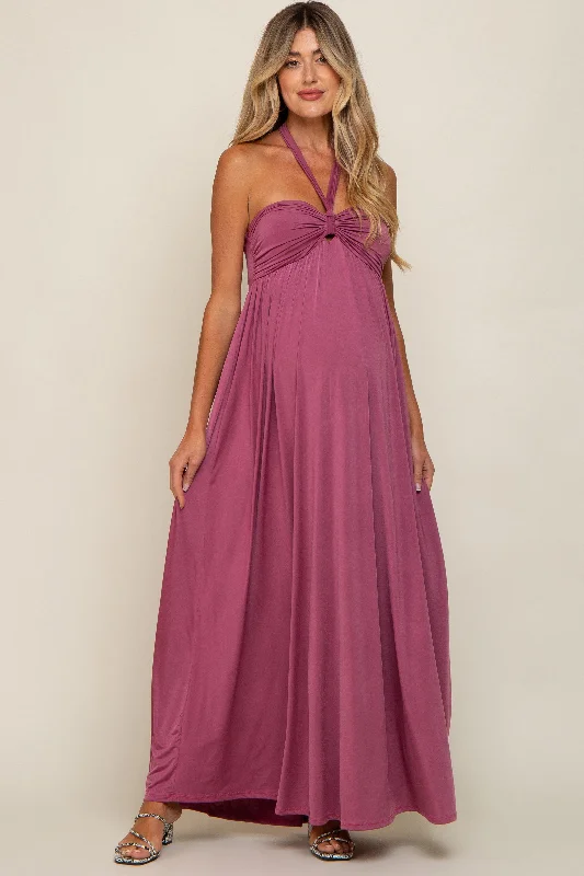 Mauve Front Knot Halter Maternity Maxi Dress Trendy Short Sleeve Maxi Dress