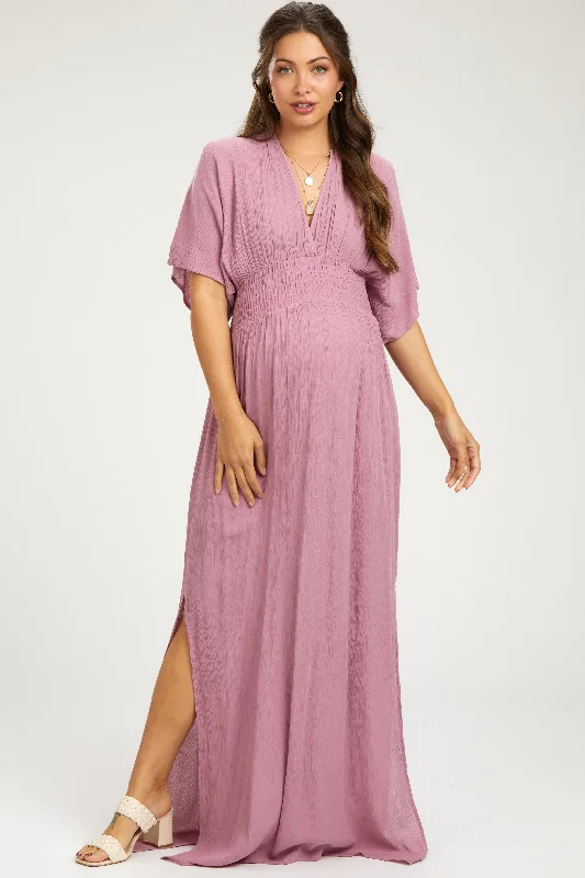 Mauve Lightweight Deep V-Neck Maternity Maxi Dress Trendy Maxi Dress with Belt