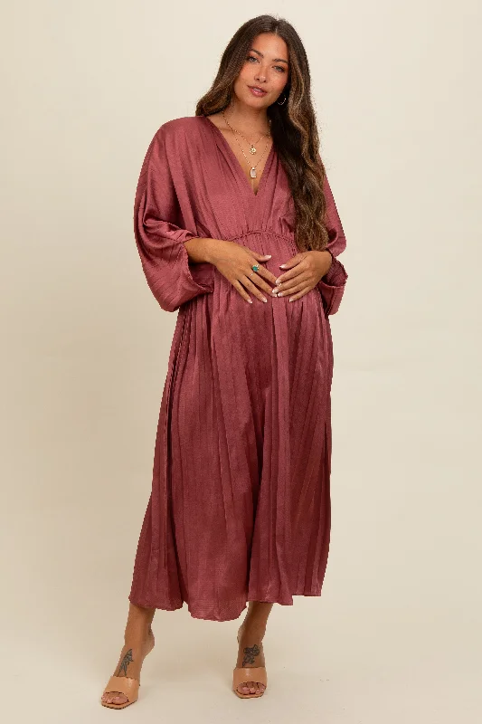 Mauve Satin Pleated V-Neck Maternity Maxi Dress Elegant Boho Maxi Dress