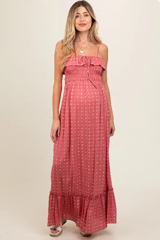 Mauve Smocked Sleeveless Floral Maternity Maxi Dress Stylish A-Line Maxi Dress