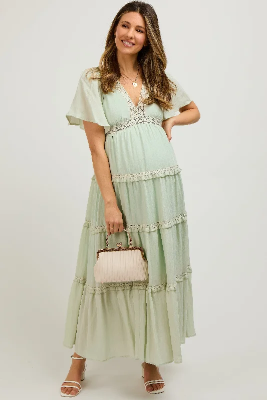 Mint Crochet Lace Tiered Maternity Maxi Dress Cozy Cold-Shoulder Maxi Dress