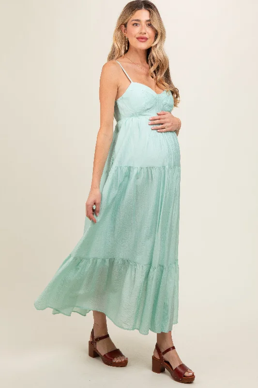 Mint Green Sleeveless Tiered Maternity Maxi Dress Trendy Satin Maxi Dress