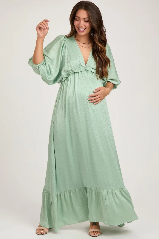 Mint Striped Ruffle Accent Maternity Maxi Dress Elegant Maxi Dress with Belt