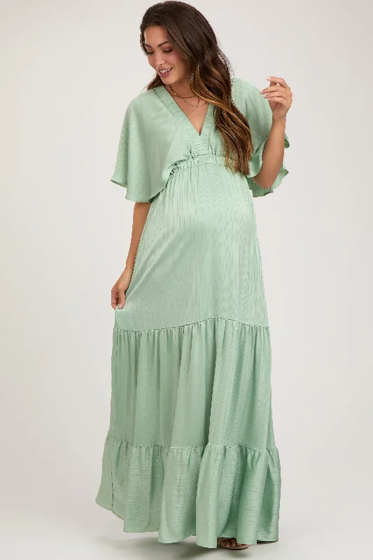 Mint V-Neck Flutter Sleeve Tiered Maternity Maxi Dress Stylish One-Shoulder Maxi Dress